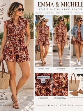 Emma & Michele Rust, Cream and Brown Ikat Belted Mini Romper